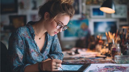Fototapeta premium Young woman using digital pen on tablet, creative workspace setup, home office.
