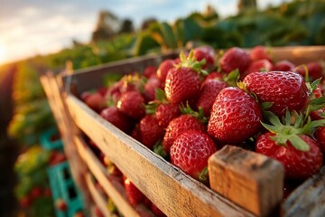 Fresh strawberries harvested in a wooden crate during sunset in a lush field