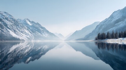 Fototapeta premium Tranquil Mountain Lake Reflecting Morning Sky and Snowy Peaks Serene Wilderness