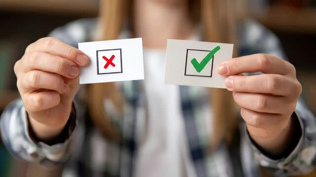 The video's blurred background shows a person holding up a 'X' mark inside a paper and a "yes," check mark inside a paper. The concept of choice, decision-making, right and wrong, and approval versus&nbsp;