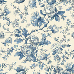 Vintage Toile de Jouy Floral Pattern in Soft Blue and Cream with Botanical Engraving Style