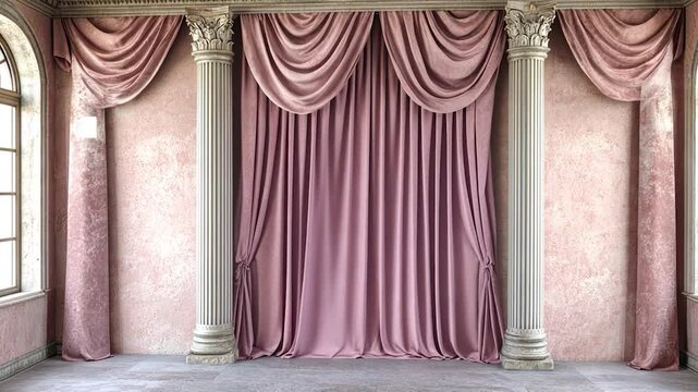Elegant room with pink drapes and columns