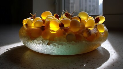 the image shows a glass bowl filled with a combination of fruits and other items. the bowl sits on a surface with sunlight streaming in, casting a distinct shadow