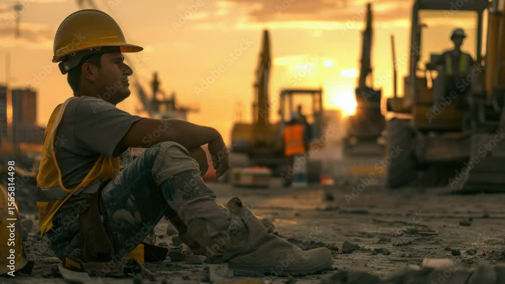 Poster a construction worker sits on the ground in front of a bulldozer, waiting for instructions