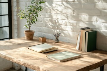 Organized home study desk with books, homework, and stationery