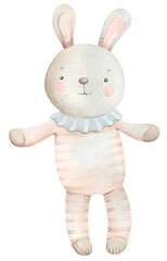 Watercolor stuffed bunny toy on transparent background.