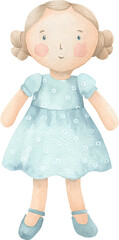 Watercolor illustration of a doll in a blue dress on transparent background.