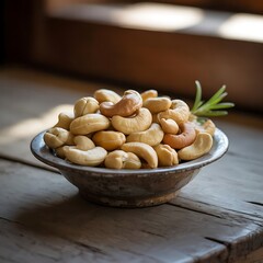 Cashew nuts, raw cashews in a wooden bowl on linen fabric. Seeds of shelled fruits of cashew tree Anacardium occidentale. Used as snack nuts, and in recipes, or processed into cashew butter or cheese