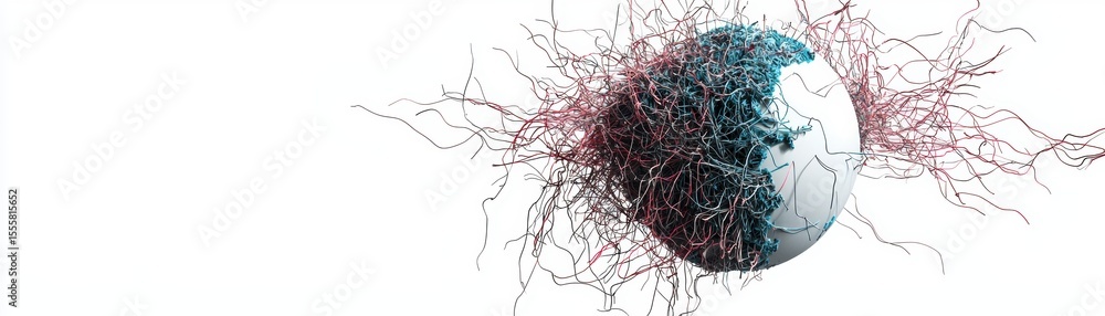 Poster a cracked earth globe with tangled red and blue neural-like networks spreading out, symbolizing glob