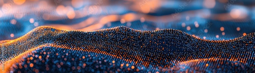 Fototapete a dynamic digital wave composed of glowing dots and lines in blue and orange hues, resembling a futu