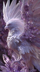 A Majestic White Fantasy Bird with Shimmering Amethyst Wings 