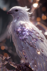 A Majestic White Fantasy Bird with Shimmering Amethyst Wings 