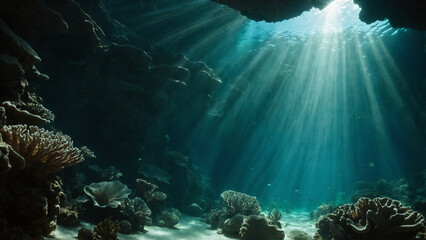 Obraz premium Underwater Sunlit Coral Cave