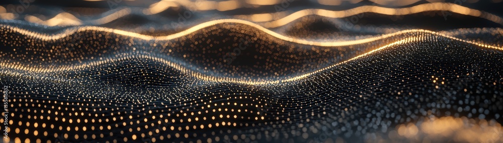 Poster abstract digital landscape of glowing golden and white dots forming wave-like patterns on a dark bac