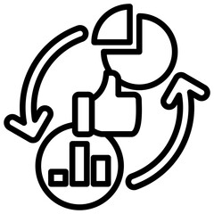 Content Strategy Outline Style Icon - Pie chart and arrows illustrate the process of content planning, strategy, and distribution