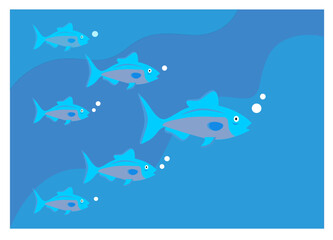 Animal cartoon character: a group of tuna in a big blue ocean 