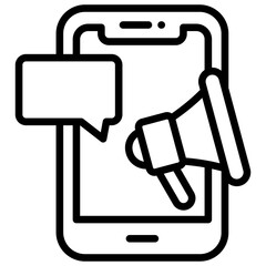Mobile Promotion Outline Style Icon - Phone with megaphone shows mobile-focused content promotion or social campaign
