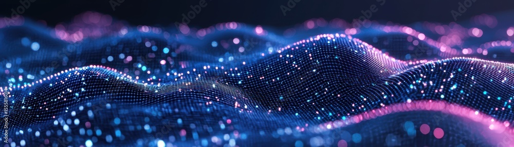 Poster abstract digital wave composed of glowing blue and pink particles, creating a futuristic and dynamic