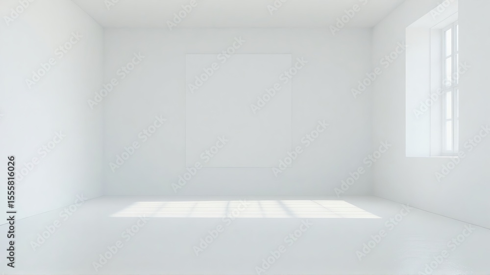 Poster minimalist interior showing an empty white room with sunlight creating shadows from the window