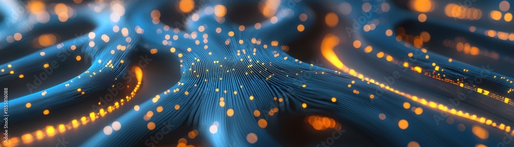Poster abstract close-up of a digital circuit board with glowing blue and orange nodes, representing futuri