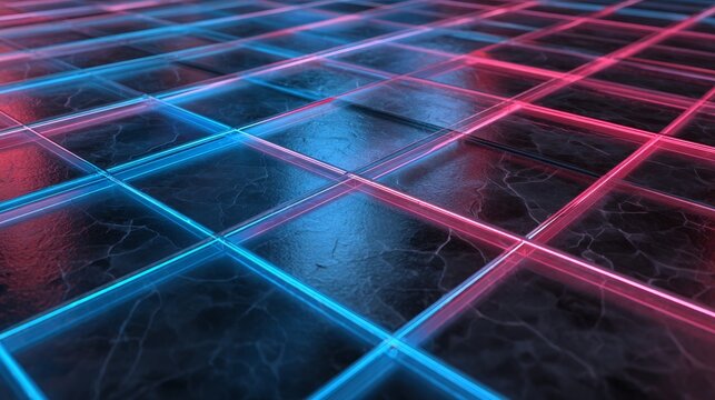 A floor with a kaleidoscope of colors, including purple and blue neon squares, was present