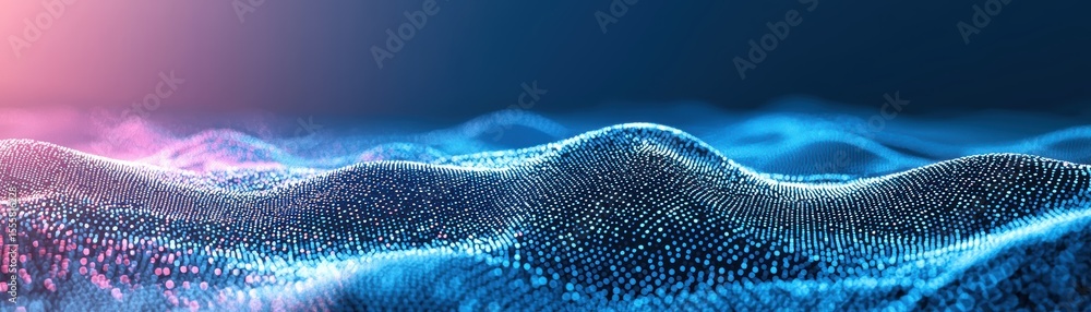 Poster a digital wave landscape composed of glowing blue and purple particles creating a futuristic, dynami
