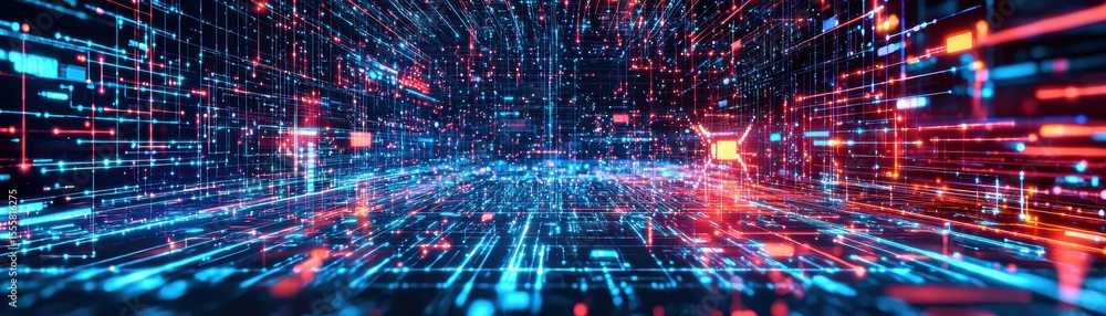 Poster a futuristic digital grid with glowing lines and dots creating a complex, high-tech network environm