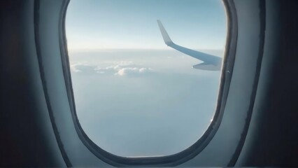 An airplane wing soars past the window during a sunny flight above a layer of clouds.