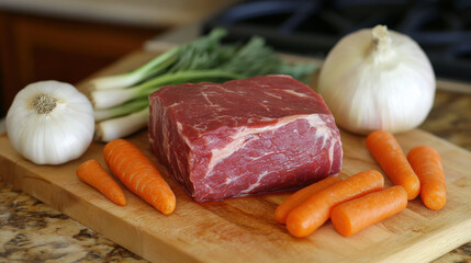 Raw pork shoulder on a butcher block, surrounded by onions, carrots 