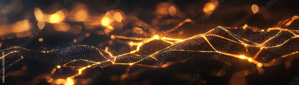 Poster abstract digital landscape featuring glowing golden lines and dots forming wave-like structures on a