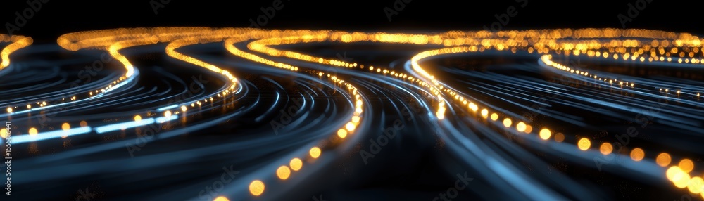 Poster long-exposure light trails create dynamic, flowing patterns resembling winding roads or pathways at 