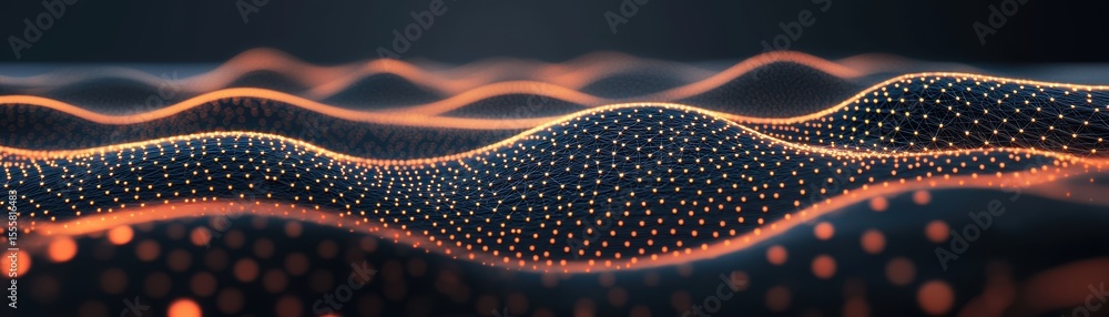 Poster a digital landscape of glowing orange and white dots forms smooth, undulating waves against a dark b