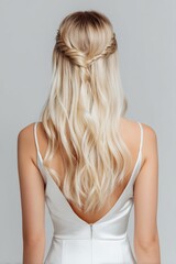 Obraz premium A woman with hair that is blonde is wearing a white dress with her hair styled in a bun