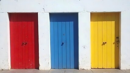 Three colorful wooden doors stand side-by-side in a white wall, invoking a sense of curiosity.