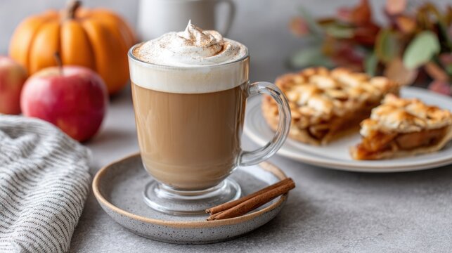Pumpkin spice latte in glass mug with cinnamon stick, slices of apple pie on ceramic plate, cozy fall decor in background