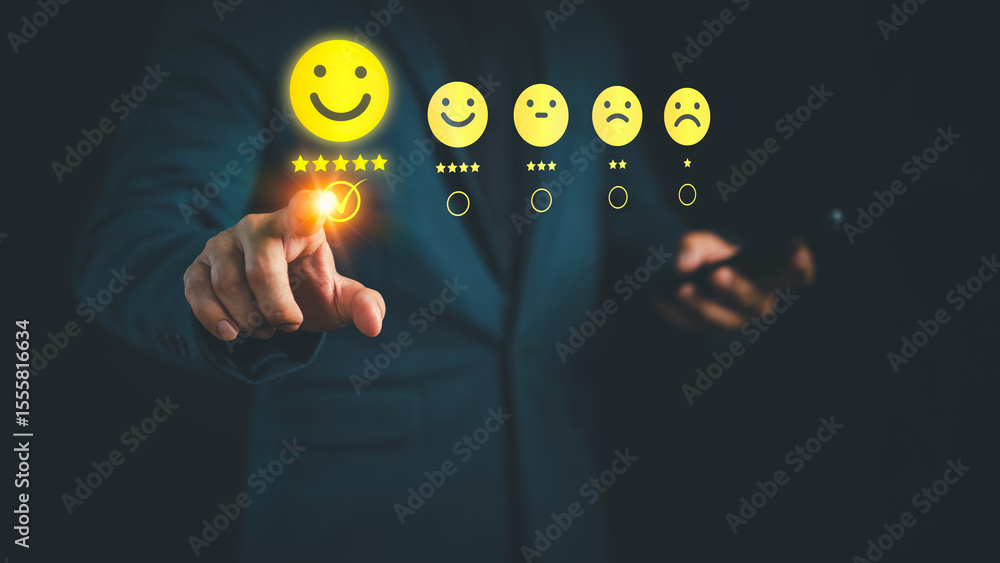 Poster Customer Satisfaction Survey concept showing a 5 star rating system through an online application, customers evaluate product and service quality and share feedback reviews, high satisfaction levels.