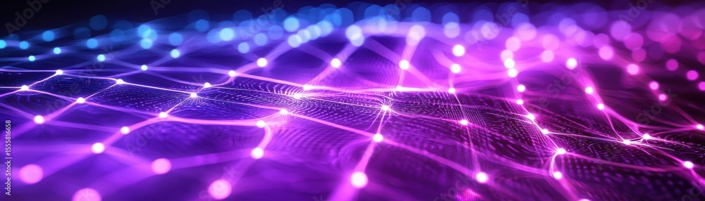 Poster abstract digital landscape with glowing purple and blue nodes connected by bright lines, representin