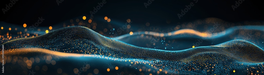 Poster digital wave of glowing blue particles and light dots forms a flowing abstract design on a dark back