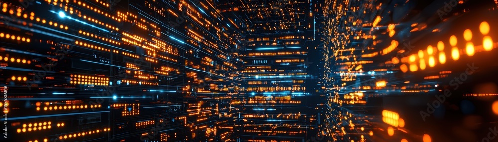 Poster a dynamic digital tunnel of glowing orange and blue lights simulating data flow through a futuristic