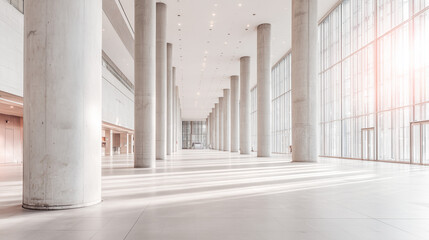 Modern concrete hall with tall columns and glowing windows, embodying minimalist elegance and serene spaciousness