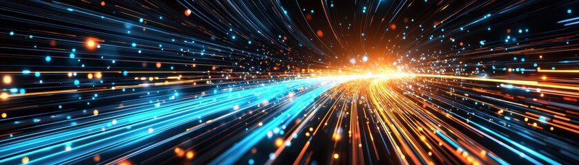 Abstract image depicting dynamic light trails in blue and orange converging towards a bright horizon, evoking speed, energy, and futuristic technology, AI background with space for text