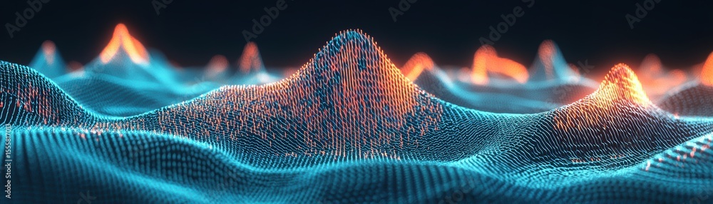 Poster a dynamic digital landscape of glowing blue and orange peaks created by interconnected data points o