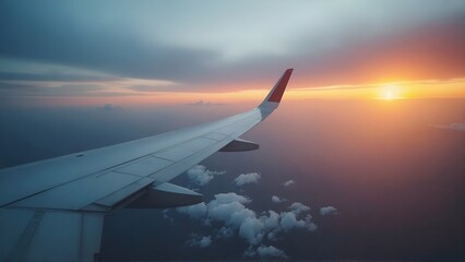 A picturesque airplane wing soars above a tranquil ocean at sunset, creating a feeling of serenity.