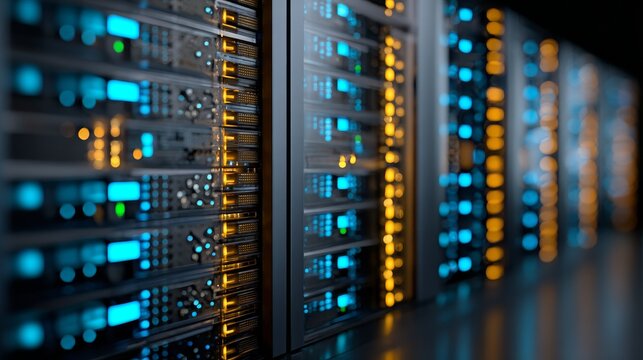 Computer servers arranged in a row with orange lights installed - Powered by Adobe