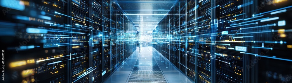 Poster a futuristic data center corridor with glowing blue digital lines representing fast data flow and ad