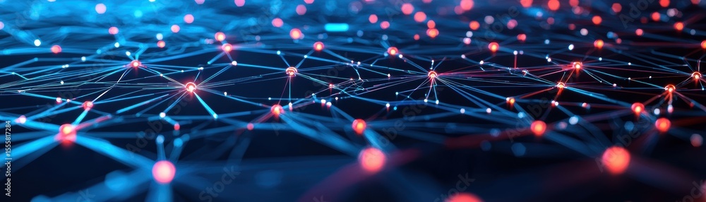 Poster a futuristic digital network with interconnected glowing nodes and lines, representing data flow and