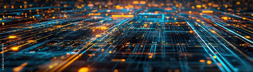 Aufkleber a futuristic digital circuit board with glowing blue and orange lights representing advanced technol