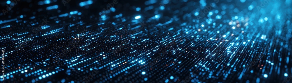 Poster abstract image of glowing blue digital data points forming a network, representing technology and fu