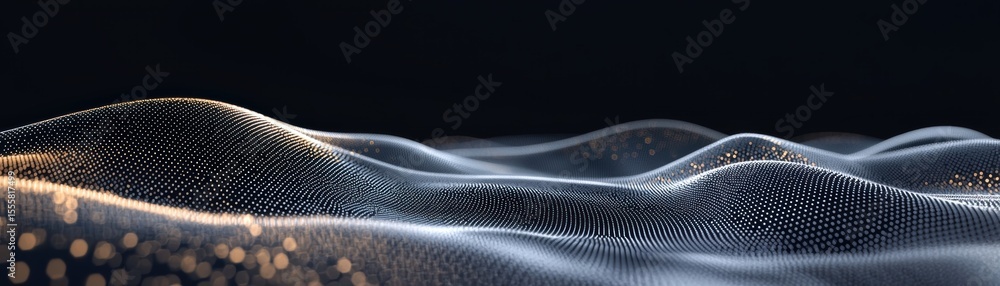 Poster abstract digital waves composed of glowing dots and lines create a futuristic, flowing landscape on 