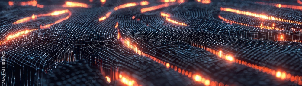 Poster a futuristic, digital landscape with glowing orange circuits flowing through a dark grid of hexagona